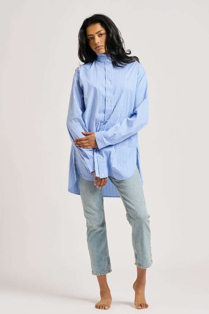 the camilla boyfriend shirt frill collar - banker blue stripe