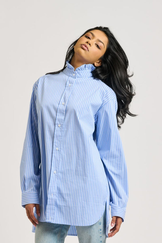 the camilla boyfriend shirt frill collar - banker blue stripe