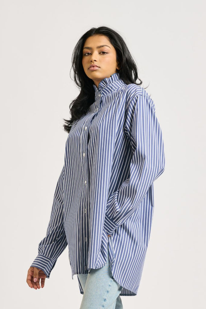 The Camilla Boyfriend Shirt Frill Collar - Navy Stripe