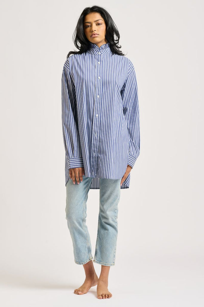 The Camilla Boyfriend Shirt Frill Collar - Navy Stripe