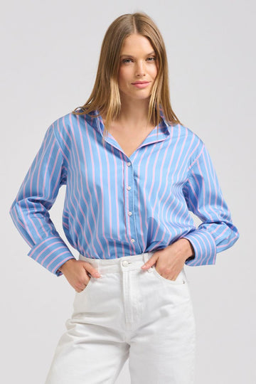 The Elodie Girlfriend Shirt - Blue Pink Stripe