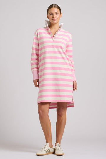 EST 1971 Rugby Frill Collar Dress - Pink White Stripe