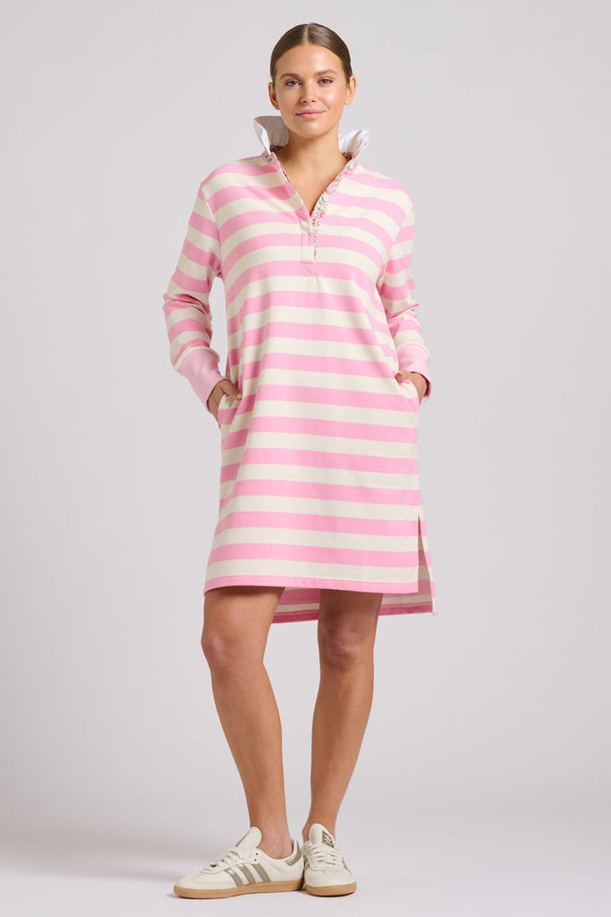 EST 1971 Rugby Frill Collar Dress - Pink White Stripe