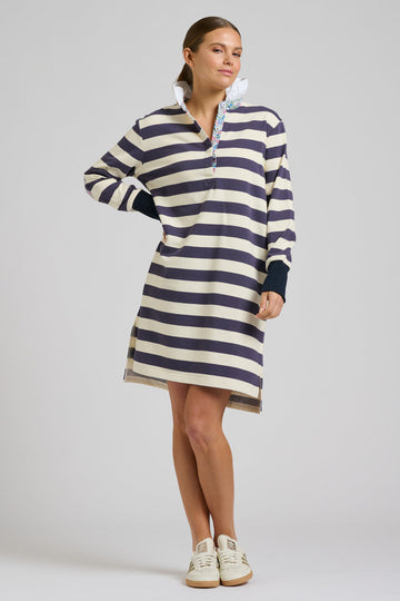 EST 1971 Rugby Frill Collar Dress - Navy White Stripe