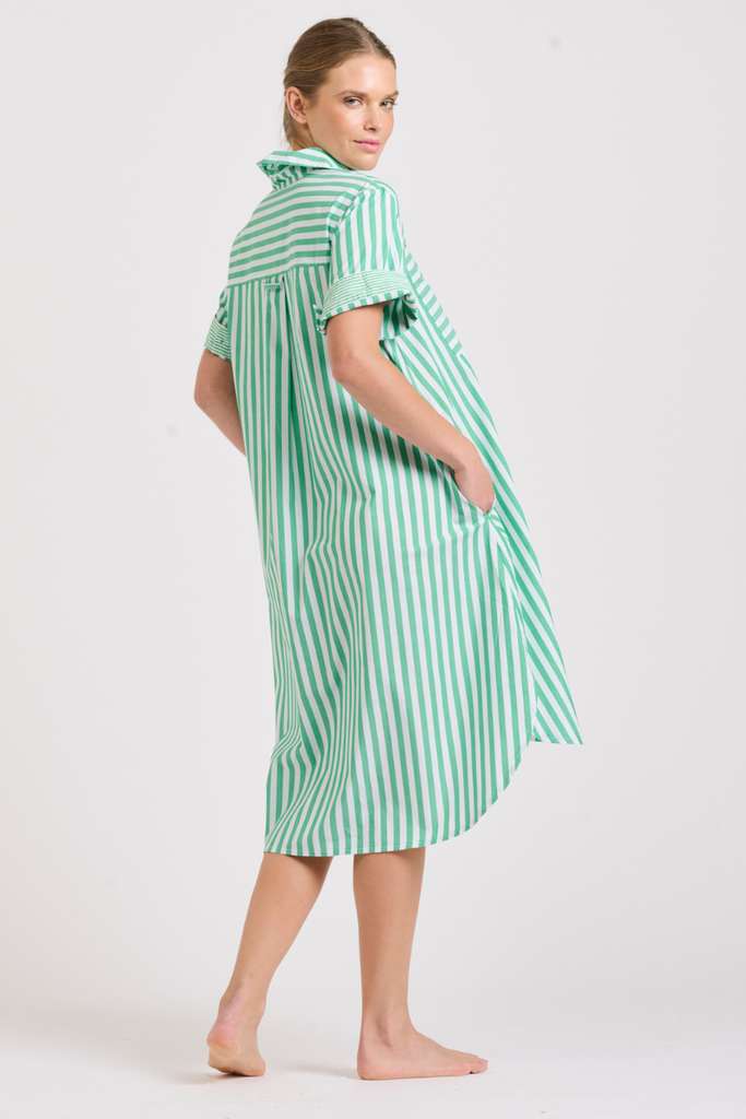 The Evie Short Sleeve Shirt Dress - Green Stripe Combo