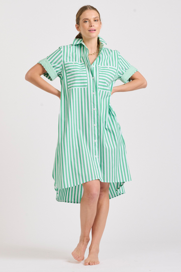 The Evie Short Sleeve Shirt Dress - Green Stripe Combo