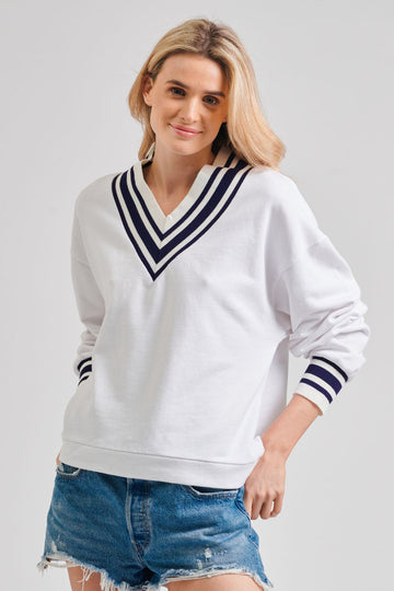 Ivy League V Sweatshirt - White & Navy