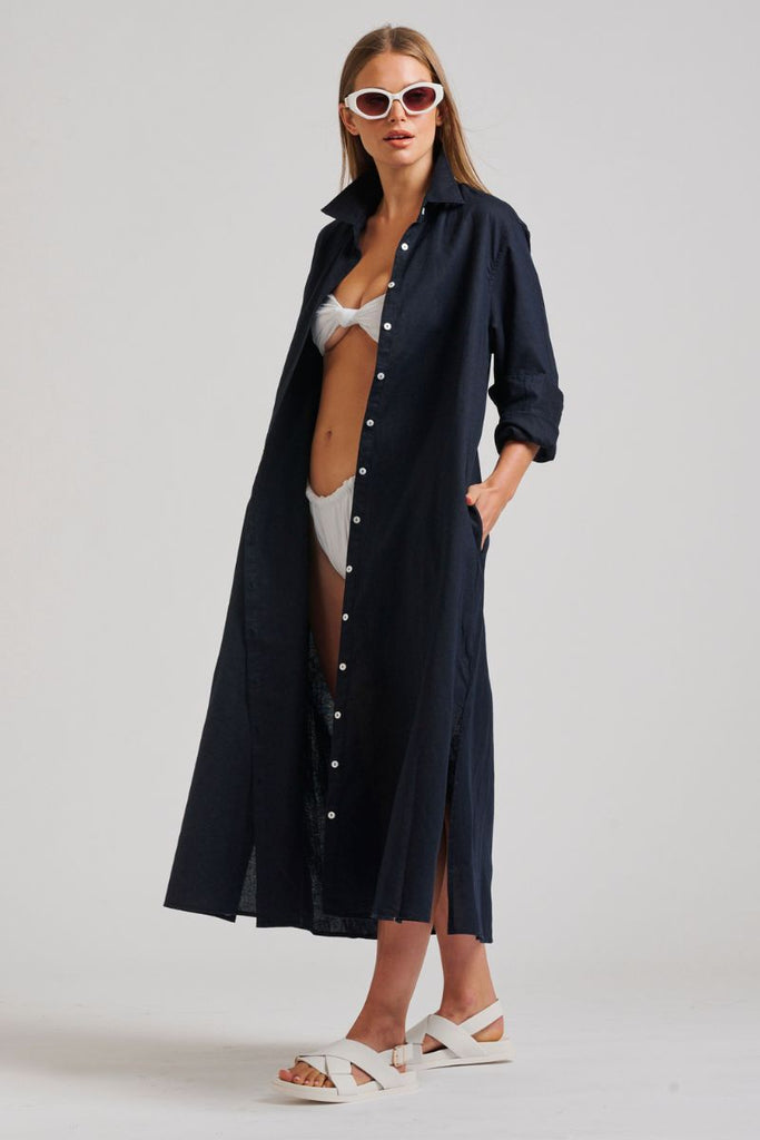 The Luna Oversized Linen Long Shirtdress - French Navy