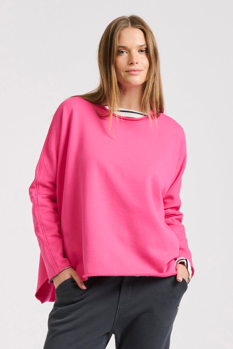 Raw Long Sleeve High Low Sweatshirt Fuchsia