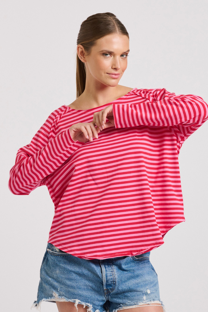 Raw 3/4 Sleeve T-shirt - Pink/Red Stripe