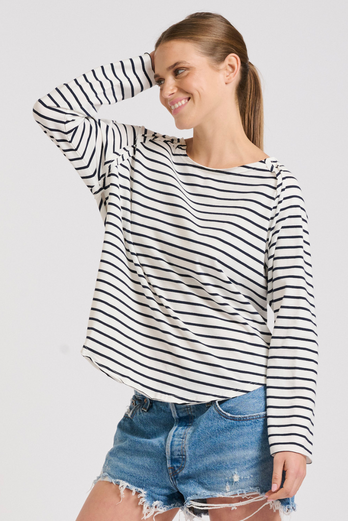 Raw 3/4 Sleeve T-shirt - White/Navy Stripe