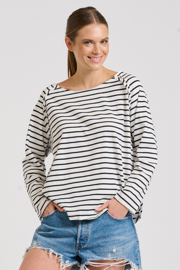 Raw 3/4 Sleeve T-shirt - White/Navy Stripe