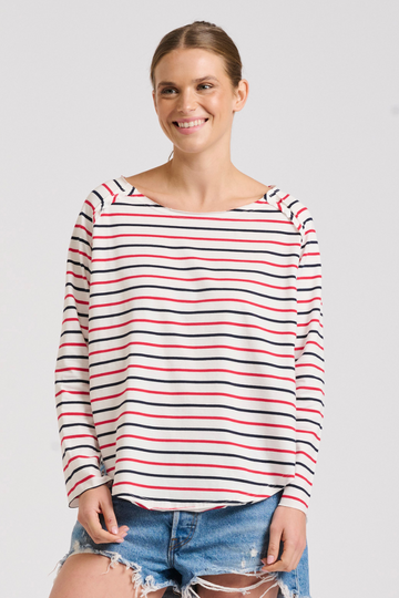 Raw 3/4 Sleeve T-shirt - White/Navy/Red Stripe