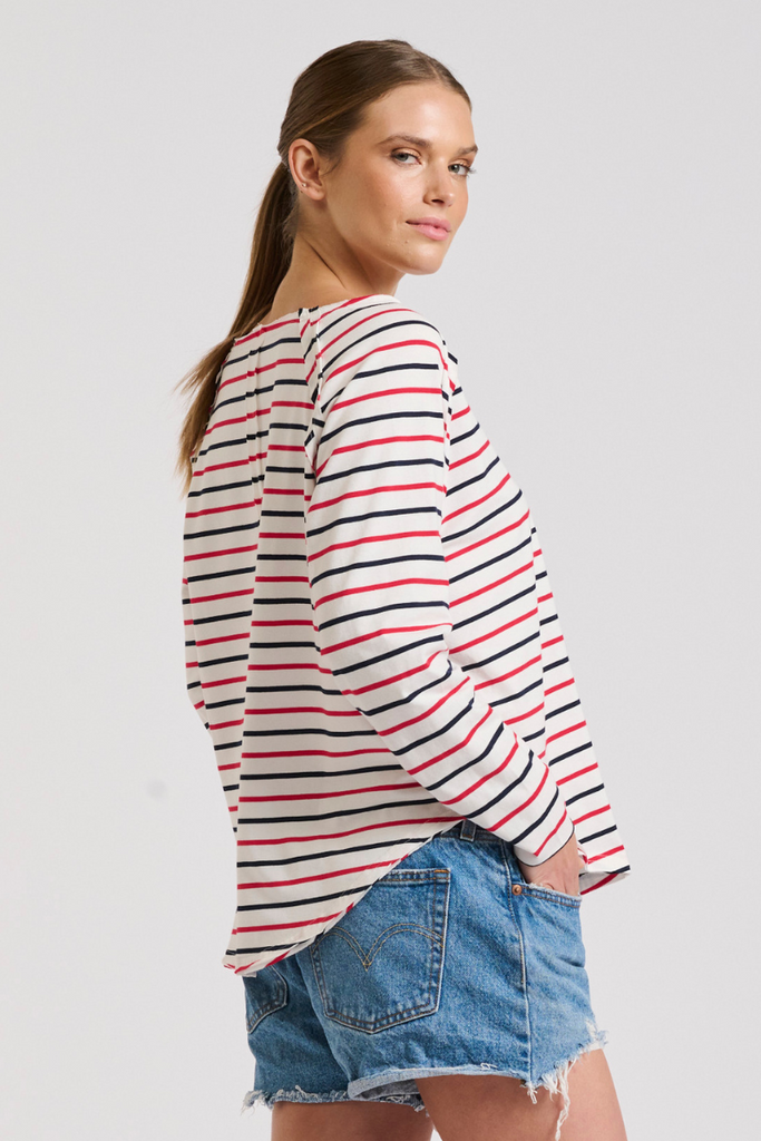 Raw 3/4 Sleeve T-shirt - White/Navy/Red Stripe