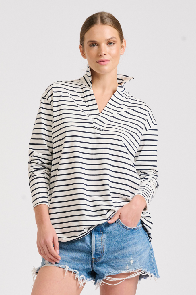 Raw Collar Long Sleeve Tee - White/Navy Stripe