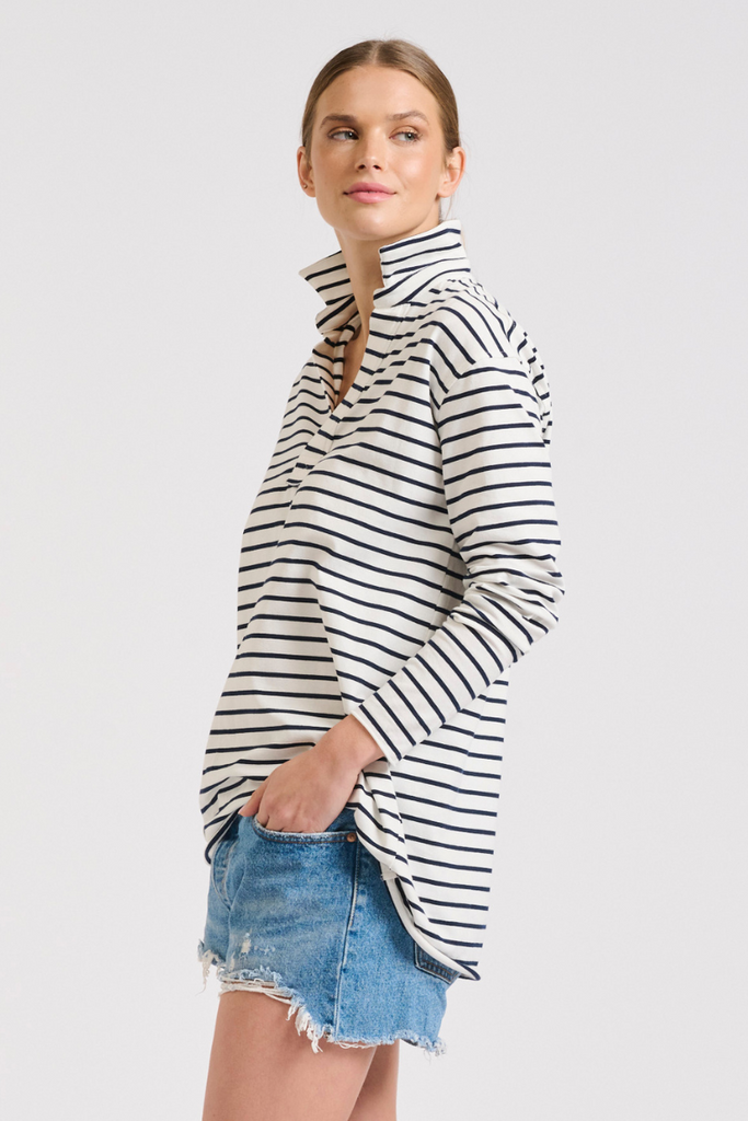 Raw Collar Long Sleeve Tee - White/Navy Stripe