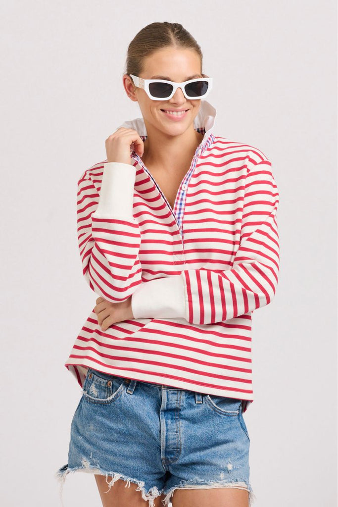 Rugby Frill Collar Cotton Sweatshirt - Raspberry Stripe