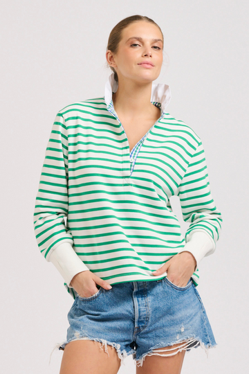 Rugby Frill Collar Cotton Sweatshirt - Green Stripe