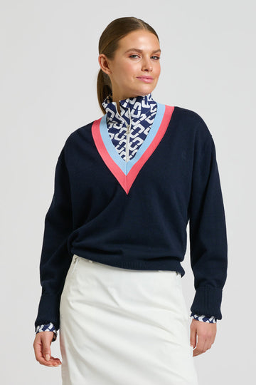 Shirty Links Sweater - French Navy/Coral/baby Blue