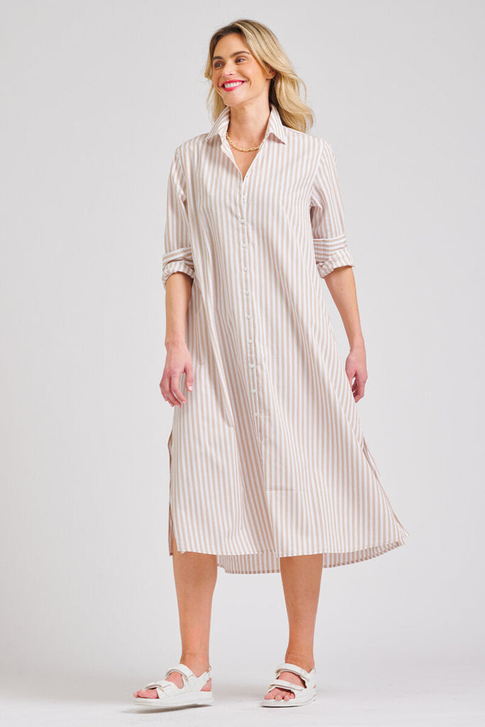 Shirty Style The Luna Longline Shirt Dress - Stone/White Stripe