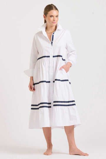 The Amanda Tiered Dress - White/Navy Trim