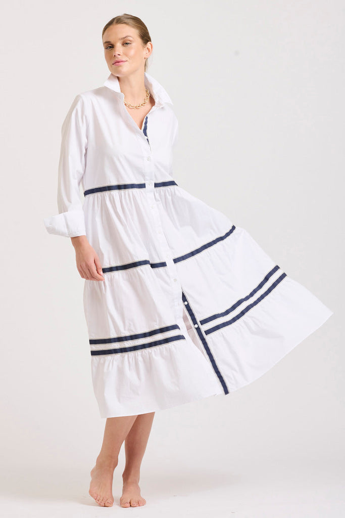 The Amanda Tiered Dress - White/Navy Trim