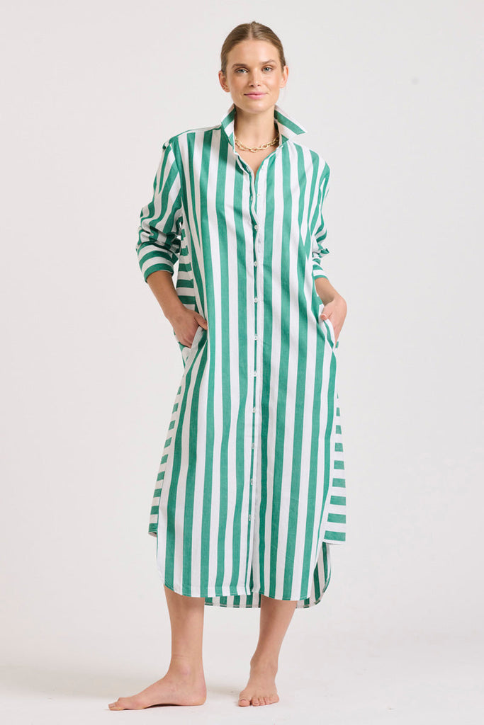 The Andrea Shirtdress - Green Wide Stripe