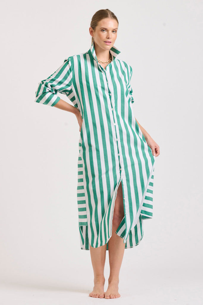 The Andrea Shirtdress - Green Wide Stripe