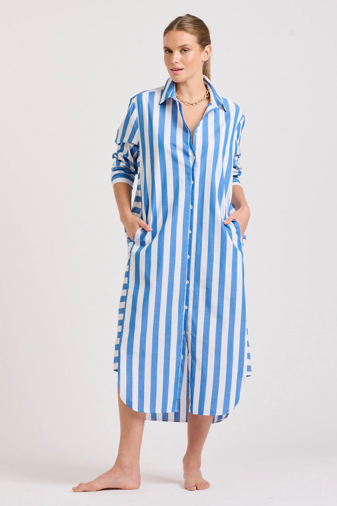 The Andrea Shirtdress - Mid Blue Wide Stripe