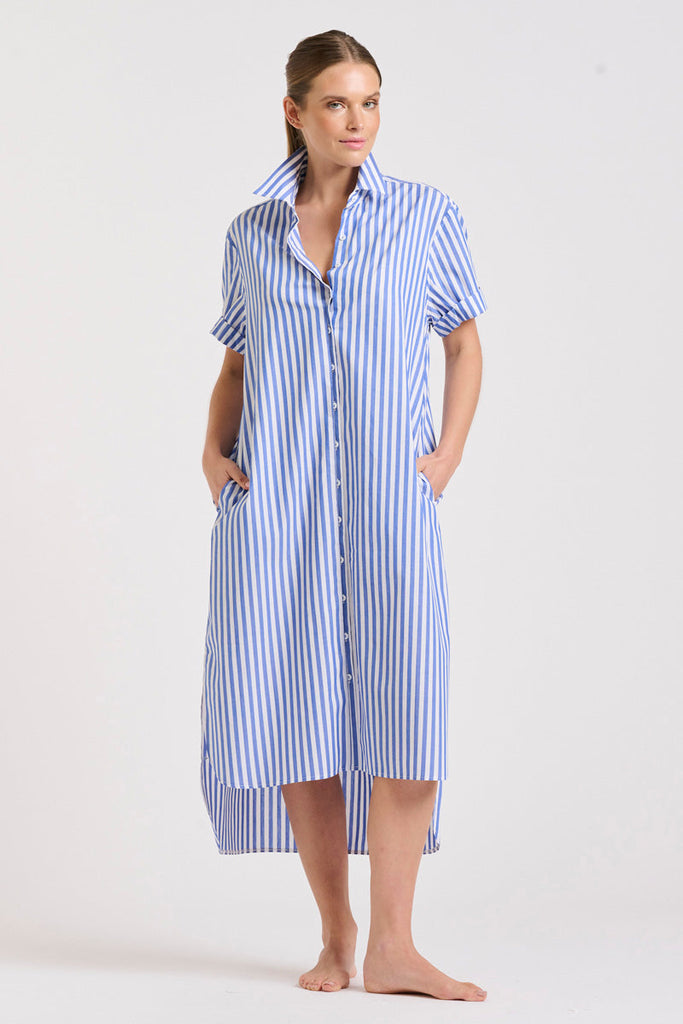 The Annie Short Sleeve Shirtdress - Mid Blue Stripe