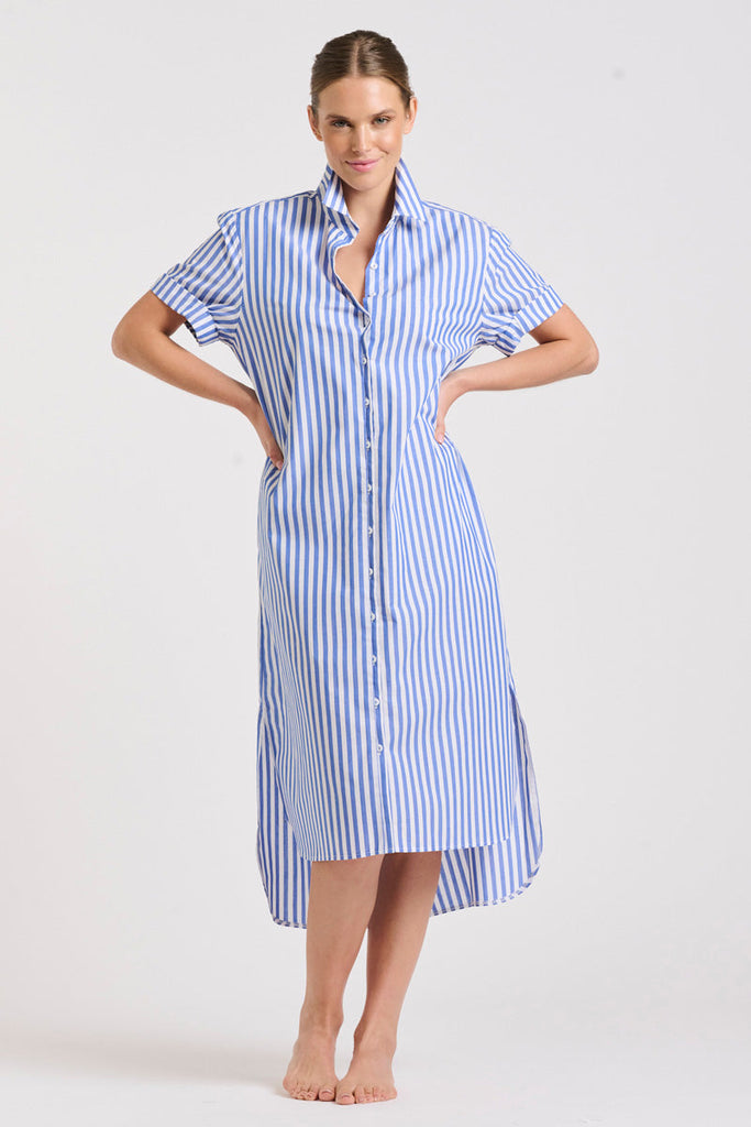 The Annie Short Sleeve Shirtdress - Mid Blue Stripe