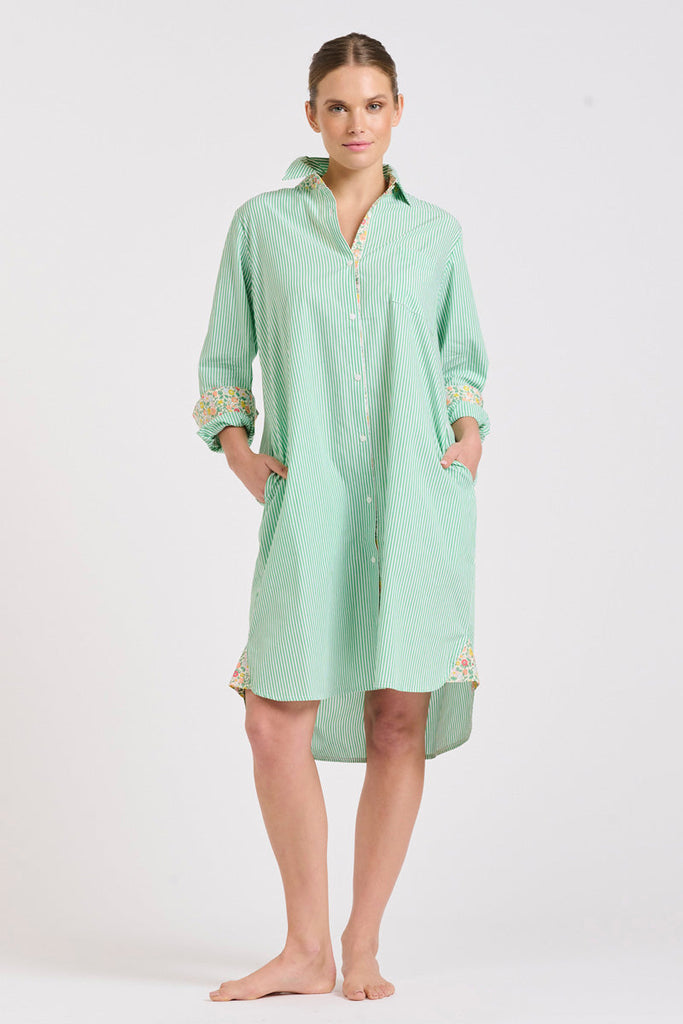 The Classic Shirtdress - Green Stripe/Floral Trim