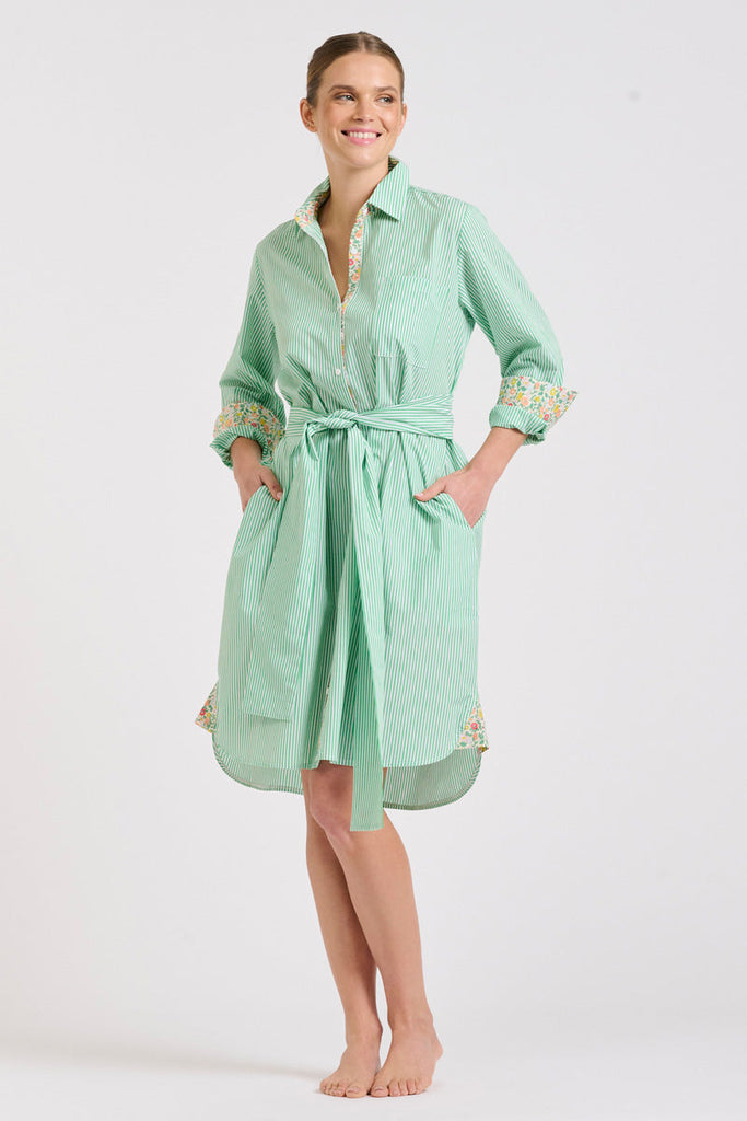 The Classic Shirtdress - Green Stripe/Floral Trim