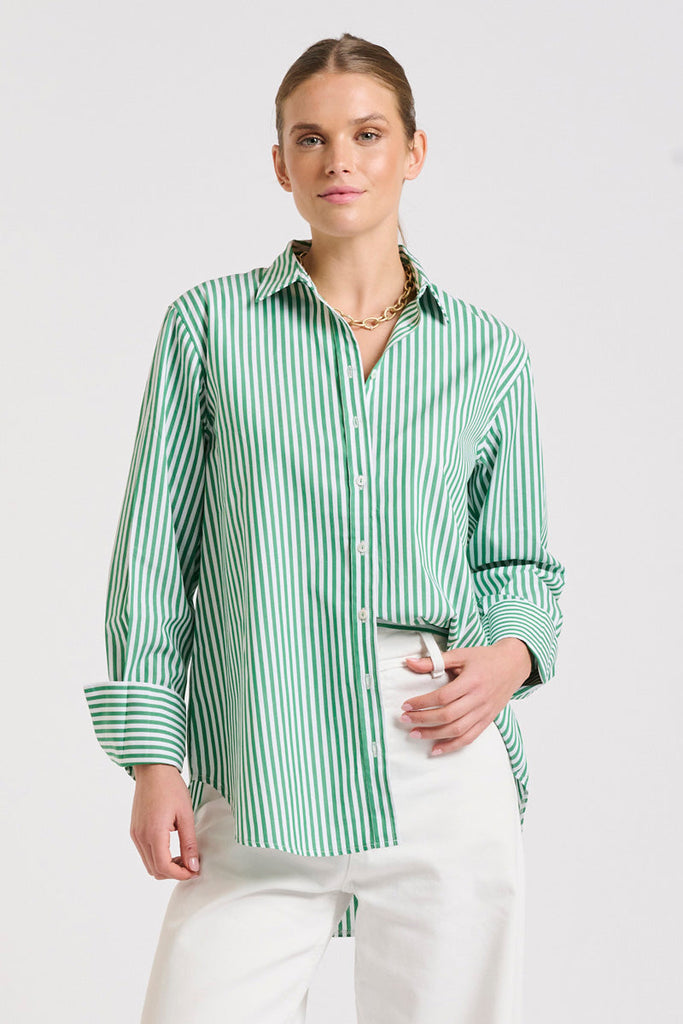 The Elodie Girlfriend Shirt - Green Stripe