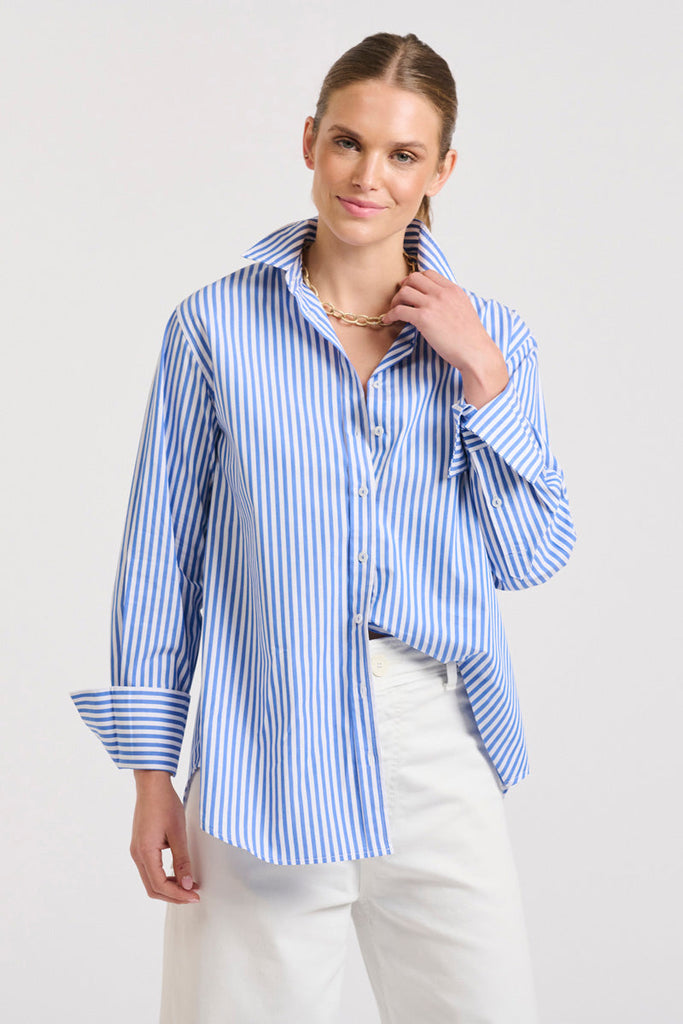 The Elodie Girlfriend Shirt - Mid Blue Stripe