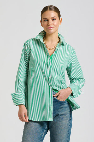 Shirty The Elodie Trim Girlfriend Shirt - Green Stripe