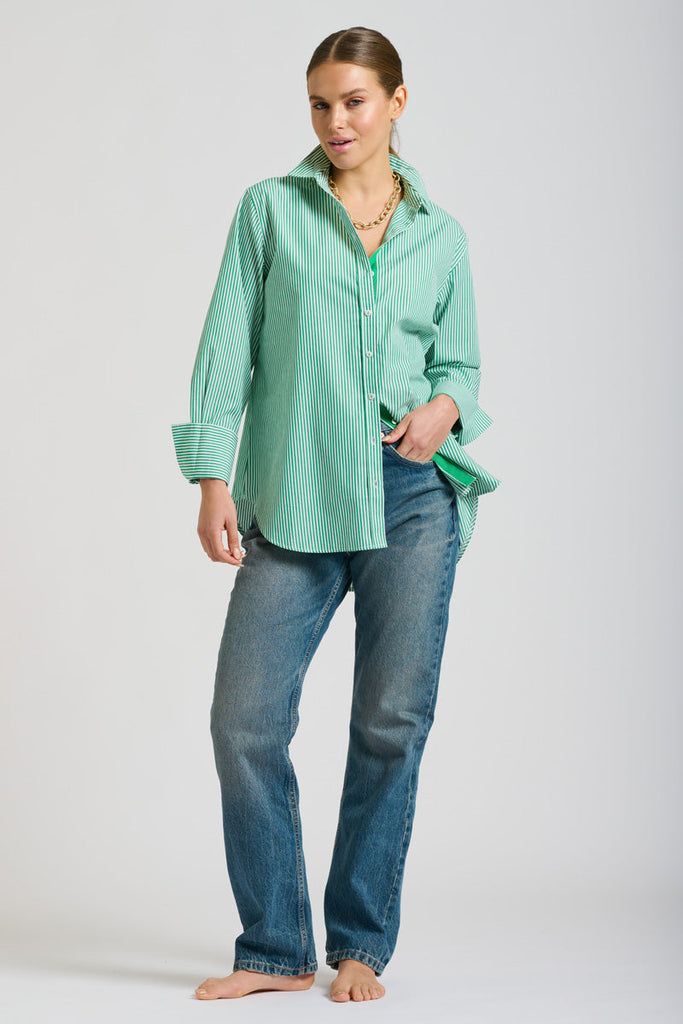 The Elodie Trim Girlfriend Shirt - Green Stripe