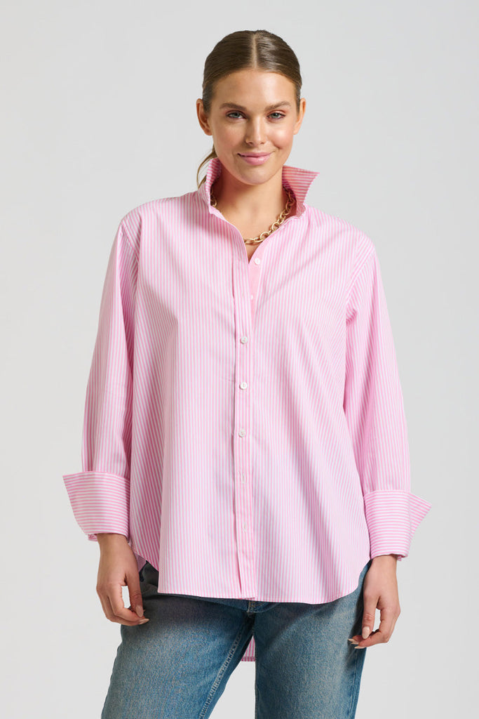 Shirty The Elodie Trim Girlfriend Shirt - Pink Stripe