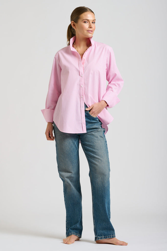 Shirty The Elodie Trim Girlfriend Shirt - Pink Stripe