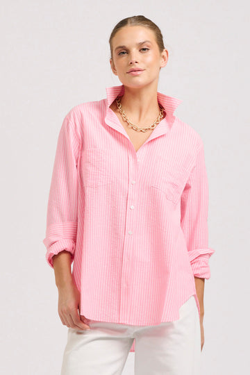 The Girlfriend Relaxed  Linen Shirt - Bright Pink Stripe