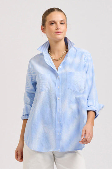 The Girlfriend Relaxed  Linen Shirt - Mid Blue Stripe