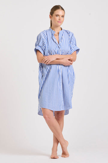 The Isla Short Sleeve Dress - Mid Blue Stripe