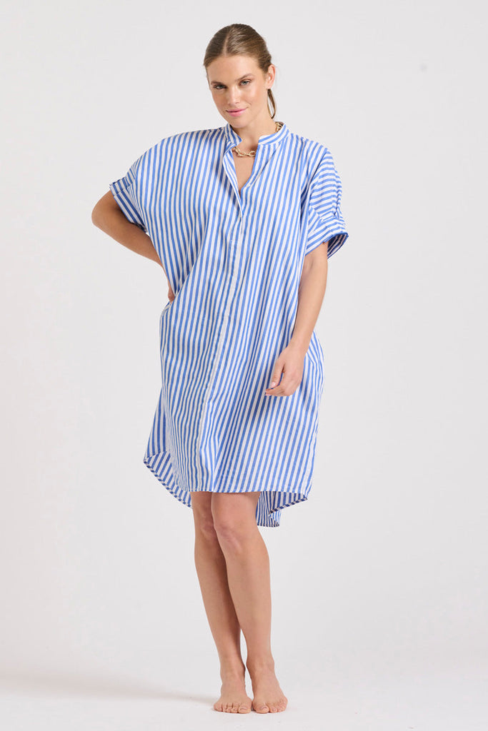 The Isla Short Sleeve Dress - Mid Blue Stripe