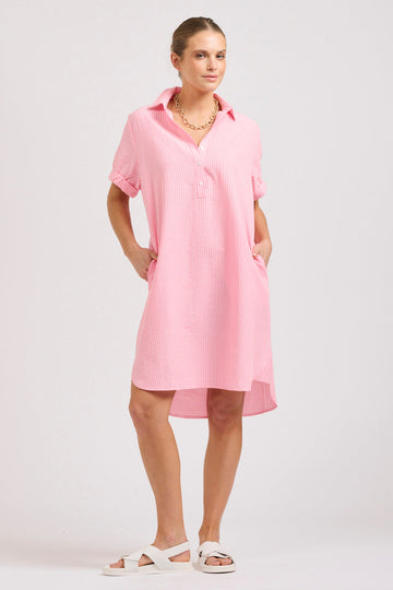 The Katie Short Sleeve Popover - Bright Pink Stripe