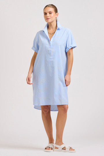 The Katie Short Sleeve Popover - Mid Blue Stripe