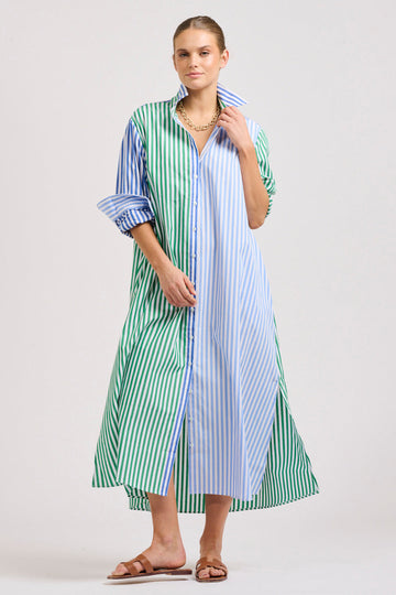 The Luna Oversized Linen Long Shirtdress - Blue/Green Stripe Combo