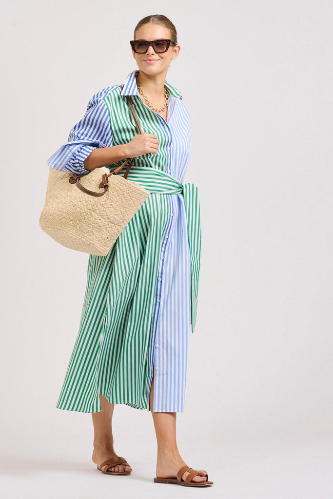 The Luna Oversized Linen Long Shirtdress - Blue/Green Stripe Combo