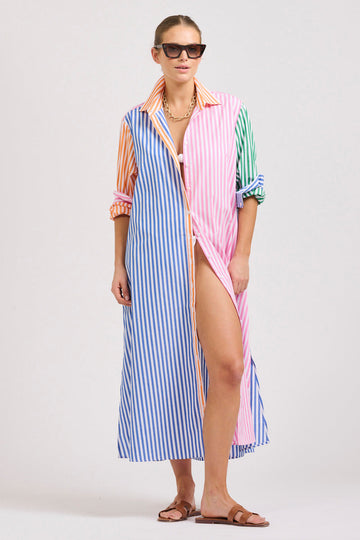 The Luna Oversized Linen Long Shirtdress - Bright Stripe Combo