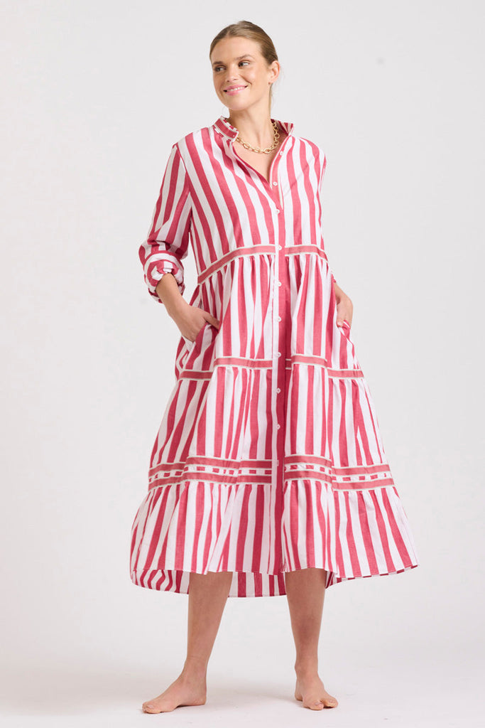 The Sandy Tiered Dress - Red Wide Stripe