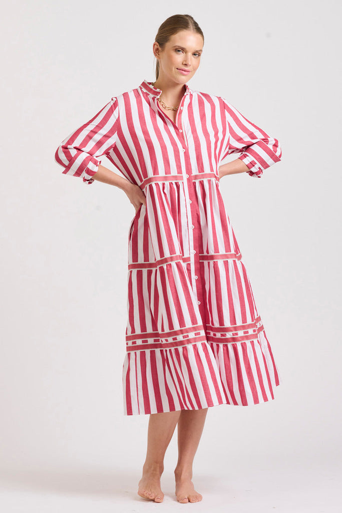 The Sandy Tiered Dress - Red Wide Stripe